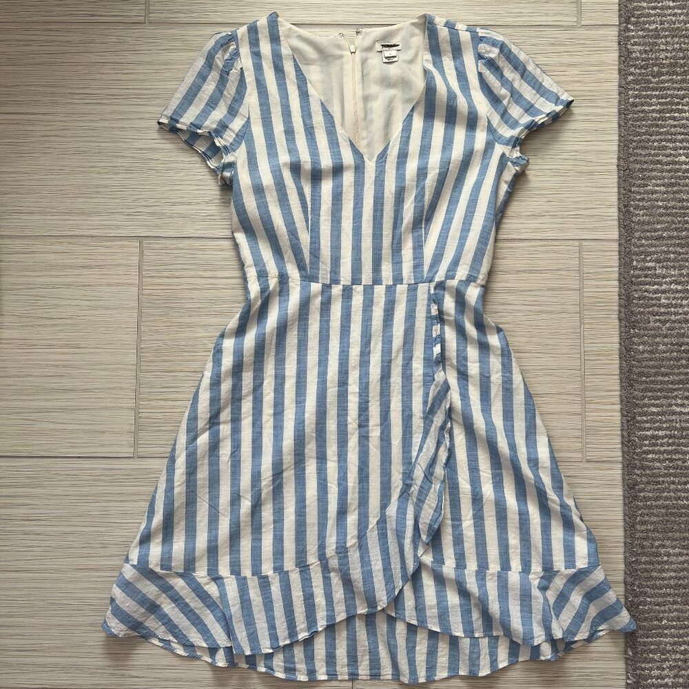 J.Crew Blue/White Striped V-Neck Faux-Wrap Ruffle Cotton Dress - Size 0